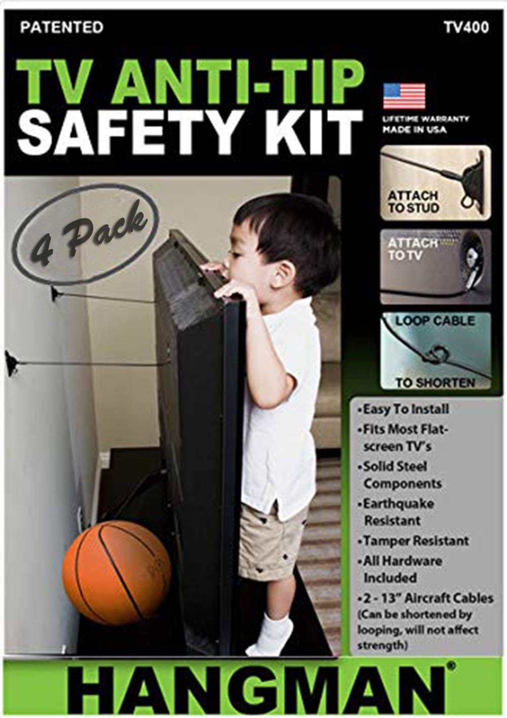 4 Pack Kit | Hangman Products Inc. TV400-B Anti-Tip Kit for Flatscreen TV