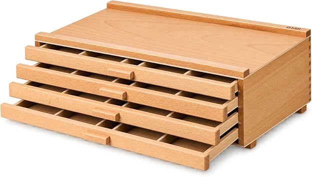 DJAR 4-Drawer Beech Wood Art Supply Storage Box with Dividers, Natural
