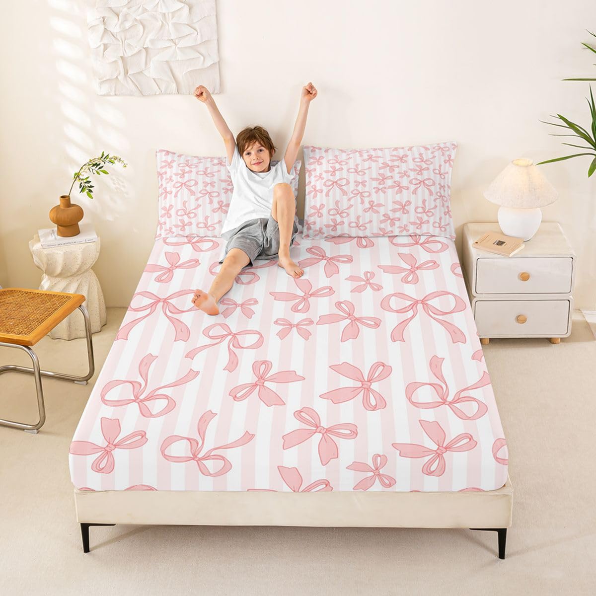 Juego de sábanas bajeras de 3 piezas con diseño de camafeo con lazo, color marrón, tamaño King (no plana), suave y suave, decoración de habitación de niñas y adultos, funda de cama romántica con rayas