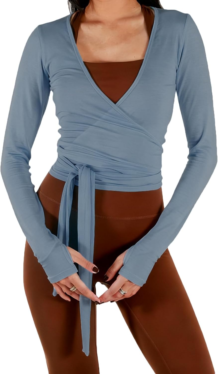 Women's Ballet Wrap Tops V Neck Long Sleeve Self Tie Slim Fit Workout Pilates Yoga Tops Dance Shirt