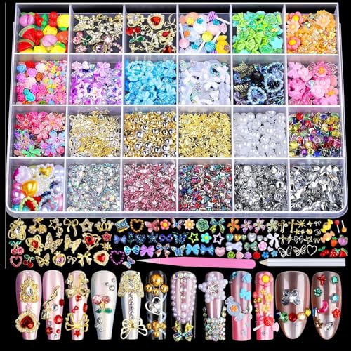 Tastetreasure 4000+ Pcs 3D Nail Charms and Gems Kit XXL Nail Art Decorations Rhinestones Pearls & Acrylic/Resin Kawaii Designs Tweezers & Dotting Pen Included Nail Accessories for Women