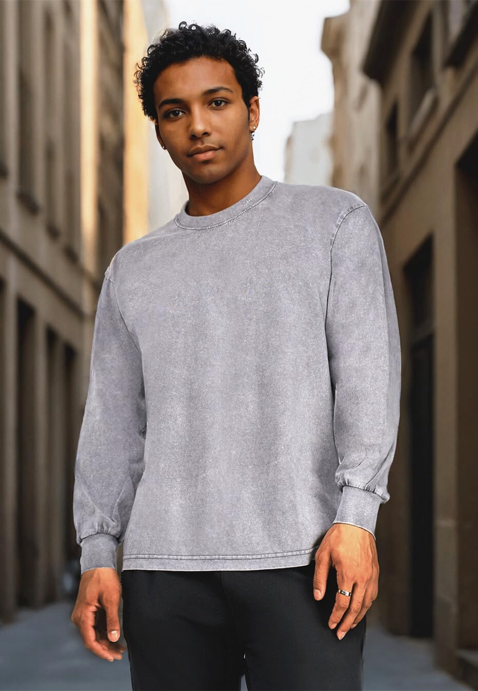 Men's Vintage Acid Wash T-Shirts Heavy Weight Long Sleeve Tshirt Cotton Casual Tee Tops - Image 6