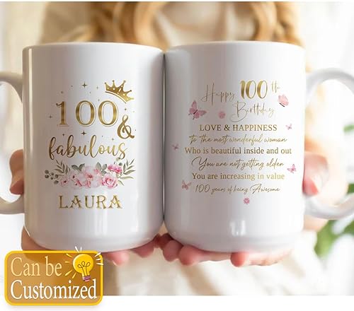 Miniatura 2 de Taza de cerámica única para regalo de cumpleaños número 100 y fabuloso, 100 años, idea de regalo, nombre personalizado, 11 onzas, 15 onzas