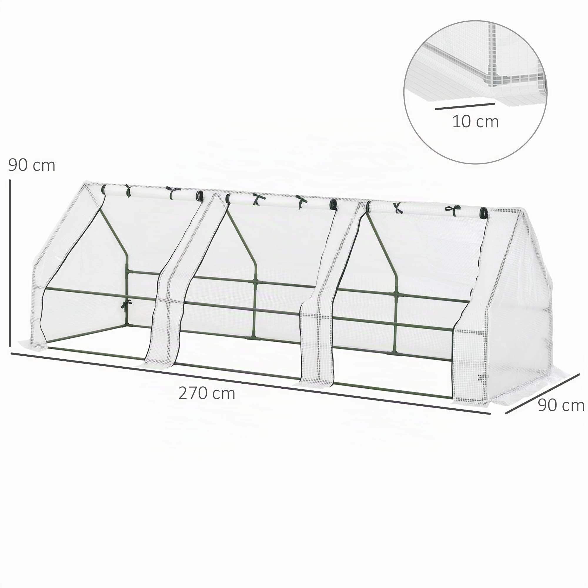 Outsunny Mini Serre de Jardin Mini Serre Tunnel 270L x 90l x 90H cm Toit Pointu Acier PE Haute densité 140 g/m² Anti-UV fenêtres avec Zip enroulables Blanc