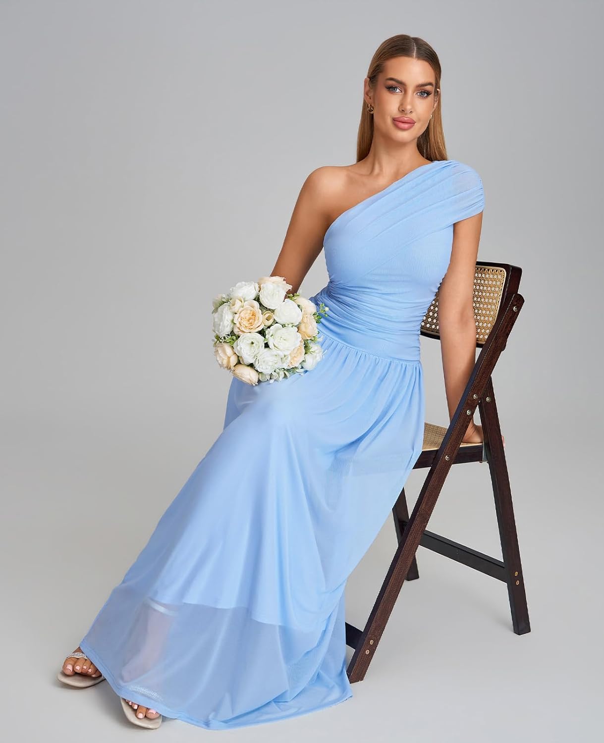 XinFSh Women's One Shoulder Wedding Guest Maxi Dress Ruched Flowy A Line Mesh Long Formal Cocktail Prom Dresses