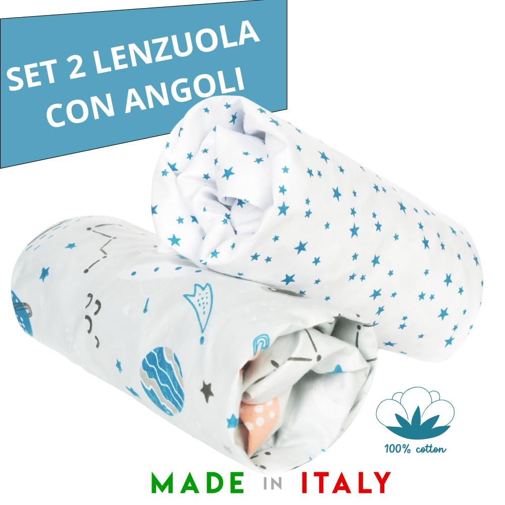 FlyIdeas Set 2 Lenzuola con Angoli per Culla 90x50 cm – 100% Cotone Morbido e Traspirante, Adatte a Culle Co-Sleeping e Materassi 50x90 / 55x90 cm