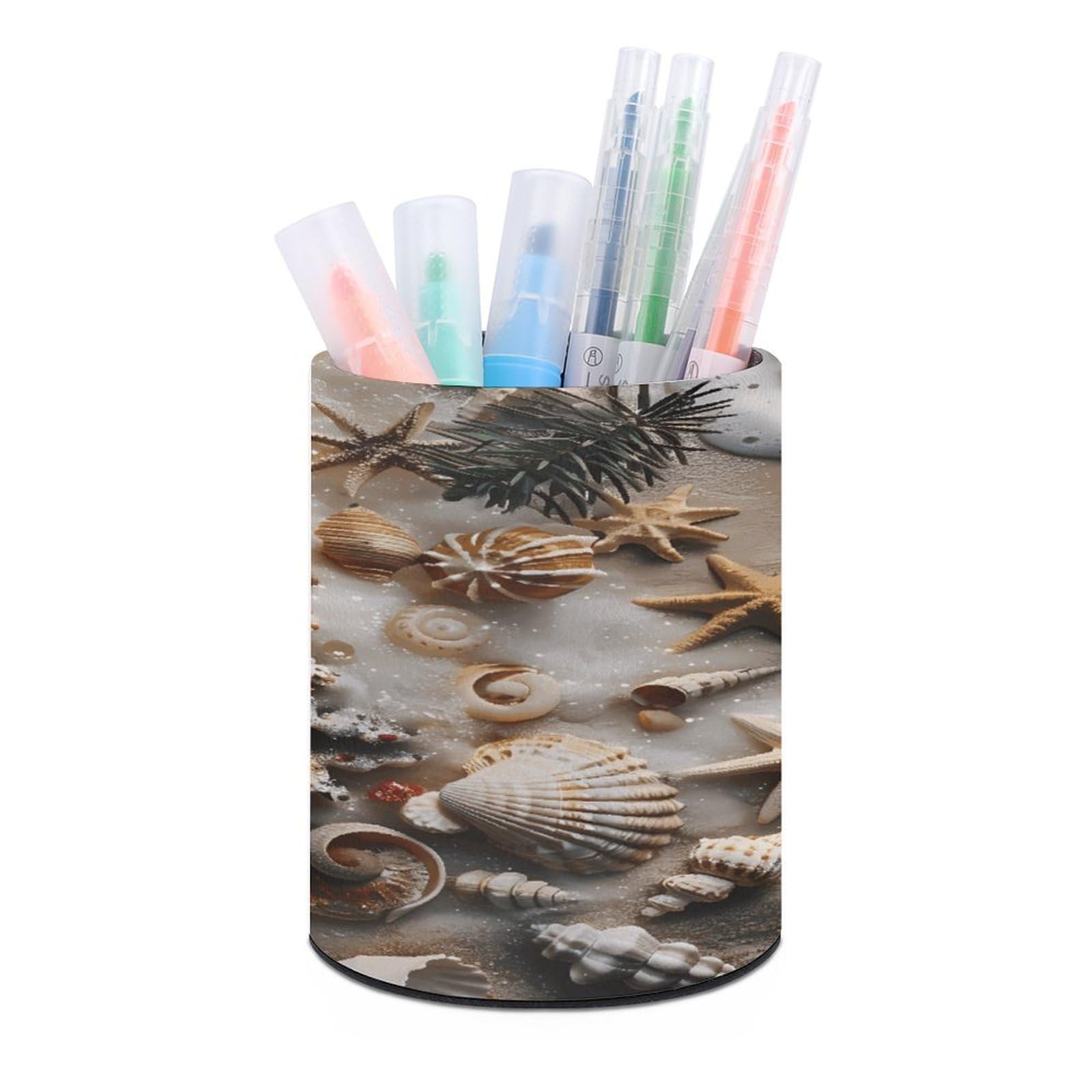 FekiLoot Seashell Christmas Pen Holder Cup Fashion PU Leather Pencil Cup Minimalist Pen Organizer Round Pencil Holder Stand Work Locker Accessories for Decoration Desk Office Home