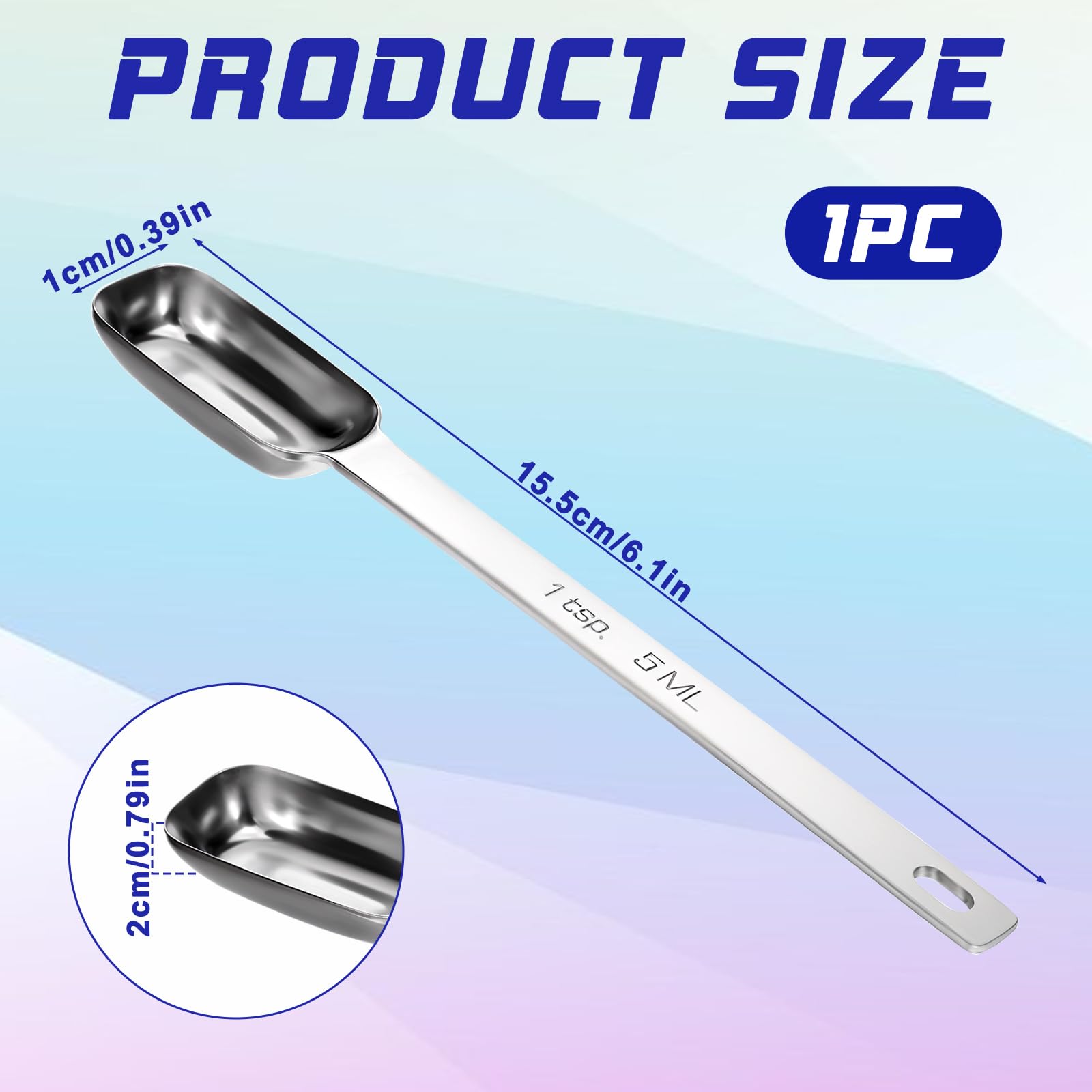 1tsp (1/3tbsp, 5ml) Long Handle Teaspoon Single Measuring Spoon Stainless Steel Rectangular Individual Measuring Spoons