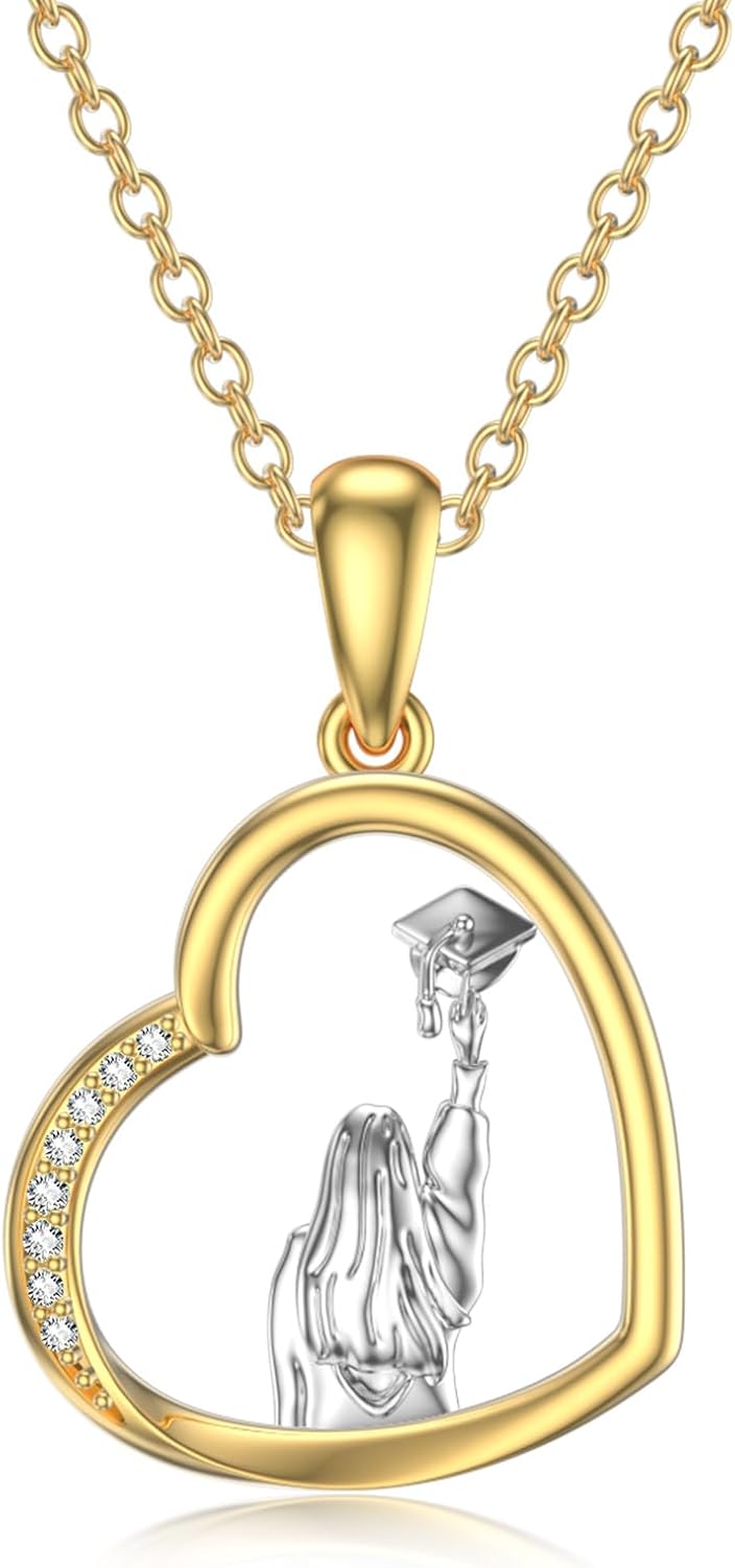 Graduation Gifts for Her Women Girls,14K Real Gold Heart Necklace with Graduation Cap, Class of 2024 Senior High School College Gift for Girlfriend Daughter 16+2 inch