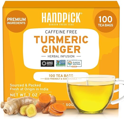 HANDPICK, Turmeric Ginger Tea, 100 Eco-Conscious Tea Bags | Caffeine ...
