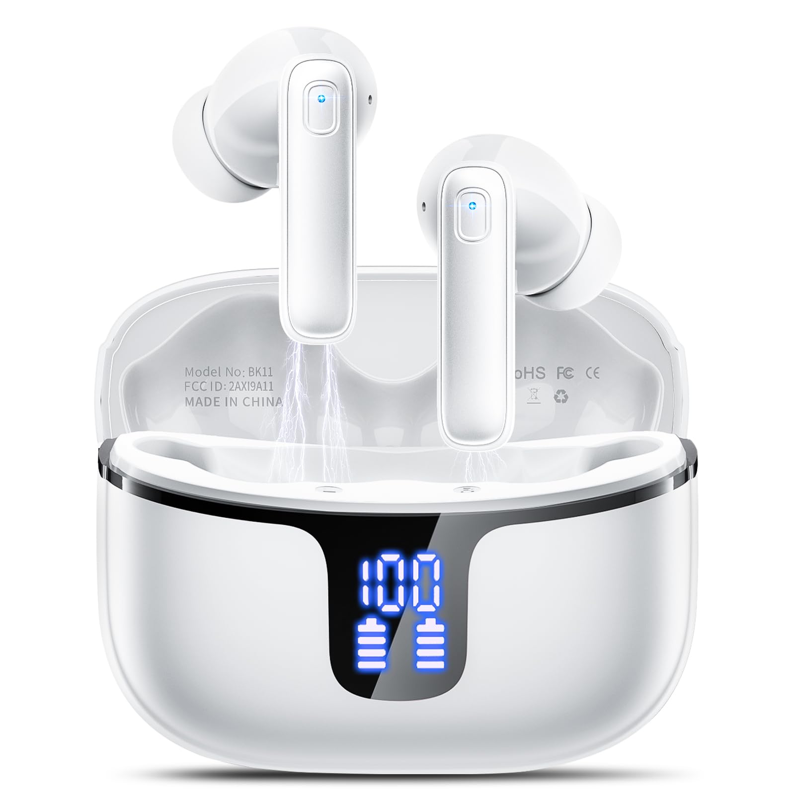 Cuffie Bluetooth 5.3, Auricolari Bluetooth Stereo HiFi, 2025 Cuffie Wireless In Ear con 4 ENC HD, Cuffiette Sport Touch Control, Cuffie Senza Fili con 40H Display LED, Earbuds per Android/iOS Bianco