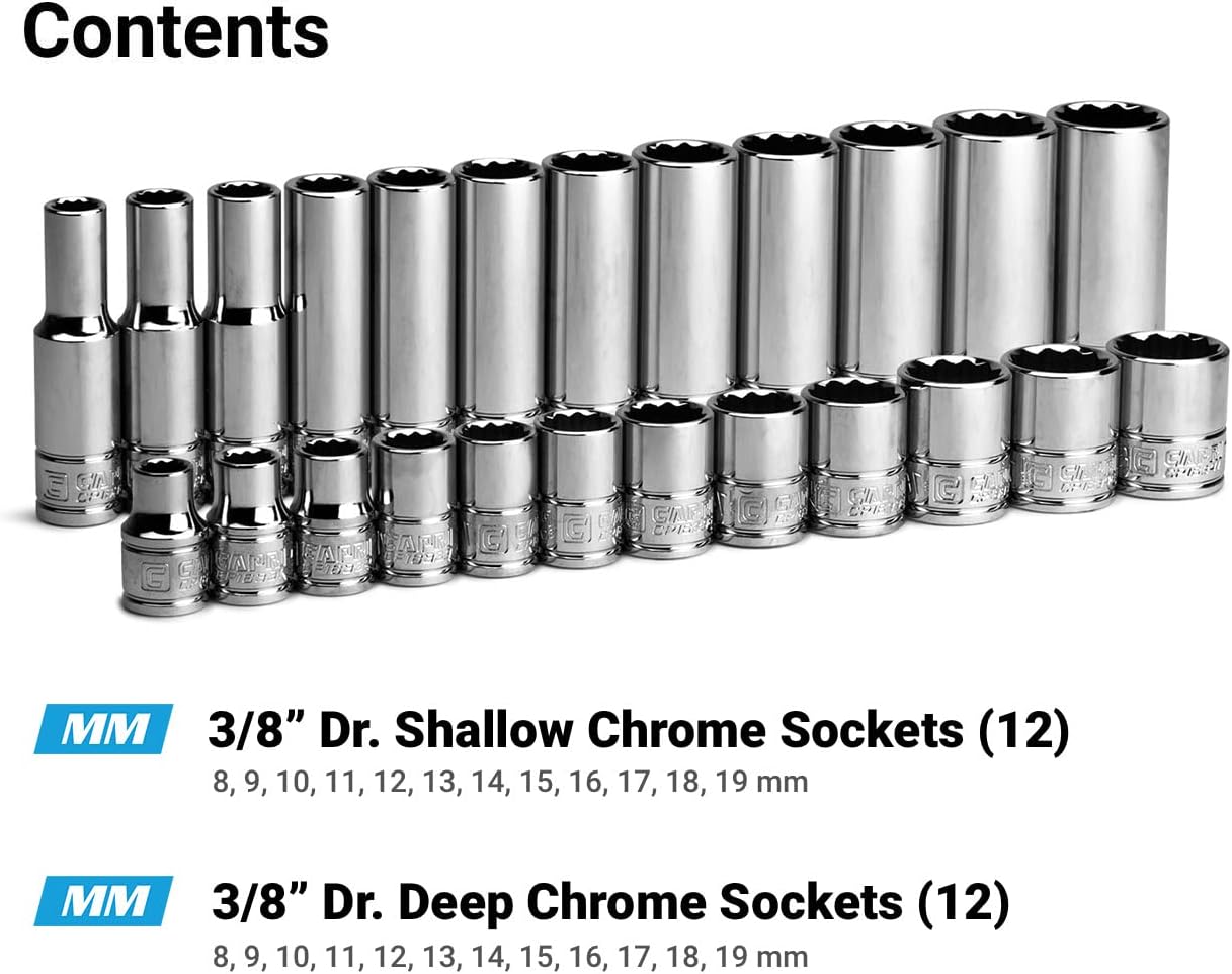 Capri Tools 3/8 in. Drive 12-Point Shallow and Deep Socket Set, Metric, 8 to 19 mm, 24-Piece