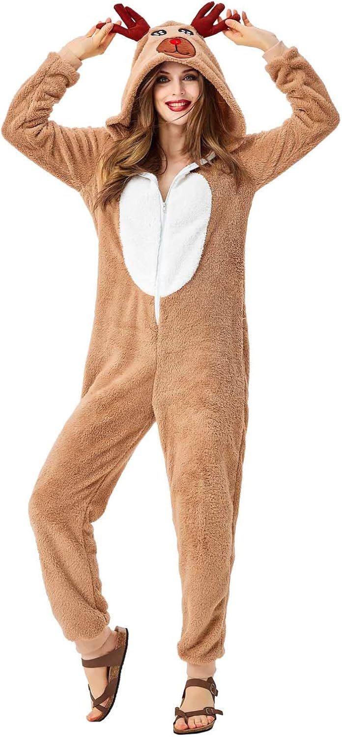 Christmas Onesie Adult Women Cute Novelty One Piece Pajamas for Women Animal Fleece Winter Sleepwear