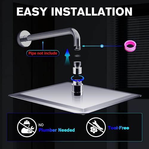 Miniatura 8 de Cabezal de ducha de lluvia de alta presión de 10 pulgadas con LED, cabezal de ducha fijo cuadrado cromado antiobstrucción, rótula de latón ajustable