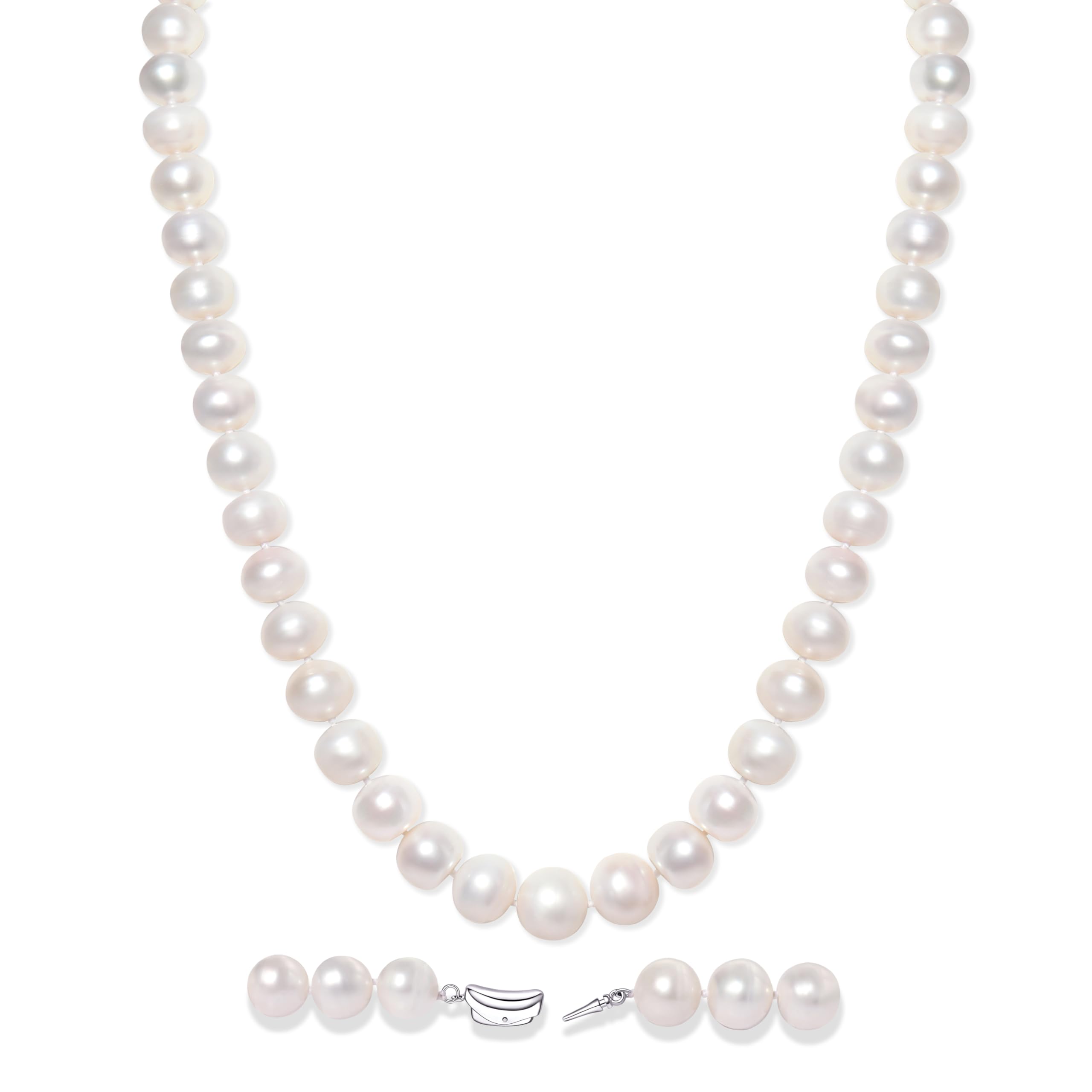 YAMI Perles de culture d'eau douce Blanches 11-12 mm pour femmes, collier de perles véritables 18inch (45cm) avec fermoir à pois, argent sterling 925, cadeau de bijoux pour femmes.