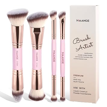 MAANGE Makeup Brushes Set 4Pcs Double-Ended Makeup Brush Foundation Contour Blush Highlight Blending Concealer Eyeshadow Brush Set Professional Face Brush Pink