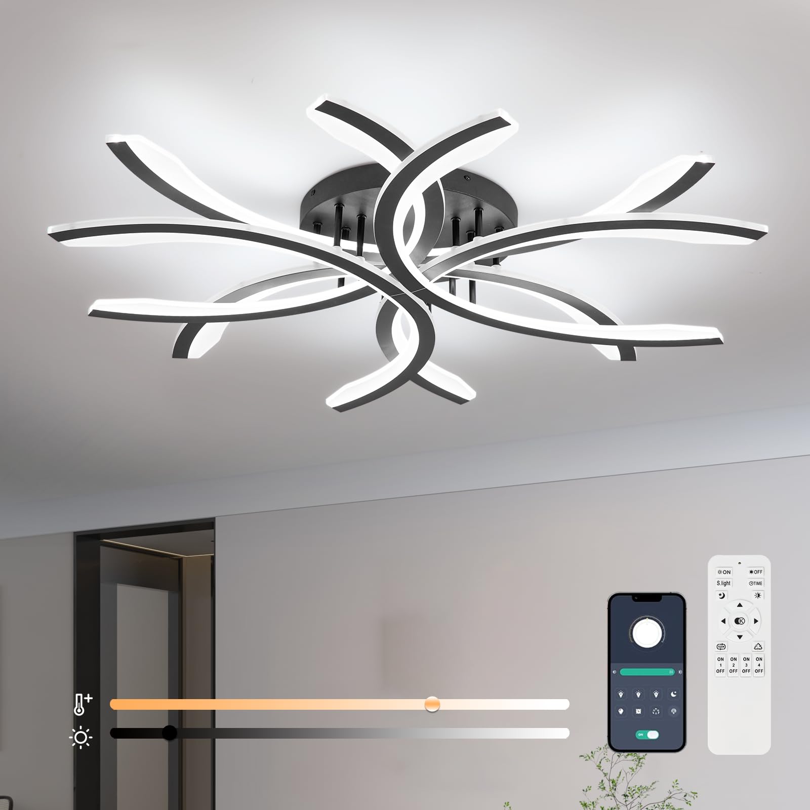 Vloitgol Modern Dimmable Ceiling Light LED, 90W 7200LM Acrylic Black LED Dimmable Ceiling Lights Fixtures with Remote Control for DiningRoom Bedroom Office Kitchen Hallway Indoor LivingRoom (Dia 90cm)