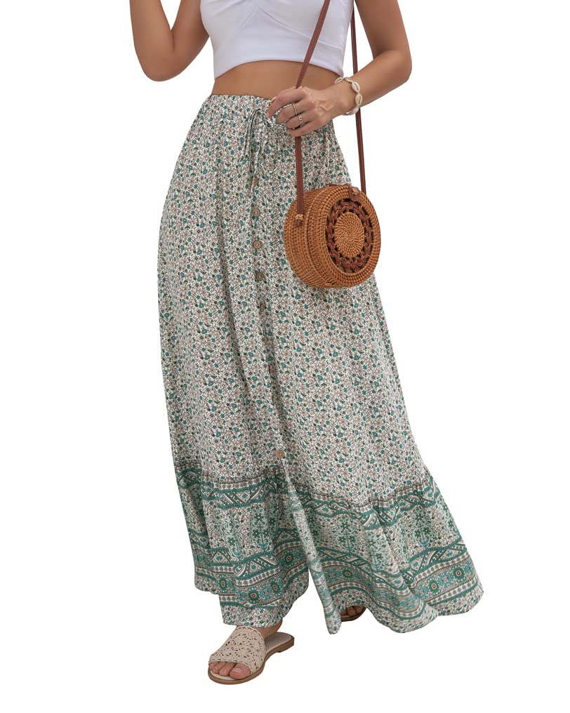 Women's Boho Floral Elastic High Waist Drawstring Pleated Breasted Slit A-Line Midi Skirt