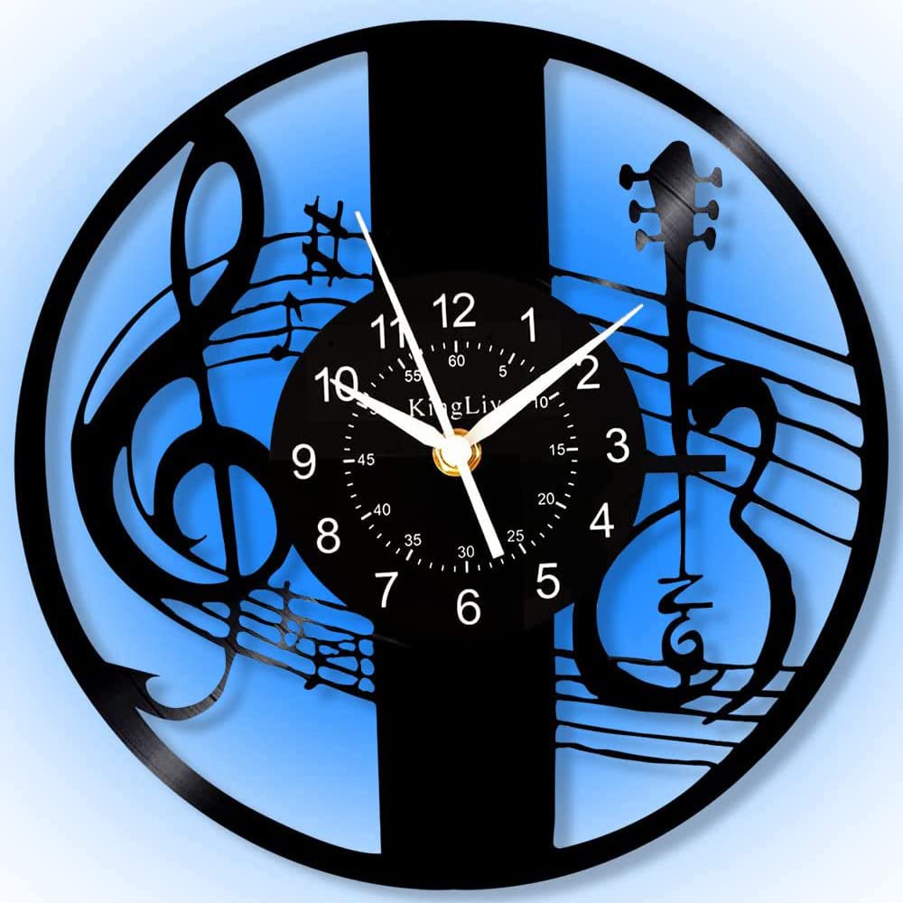 Reloj de pared de vinilo, patrón de guitarra musical con función de luz nocturna de 7 colores, regalo para los amantes de la música en bicicleta.