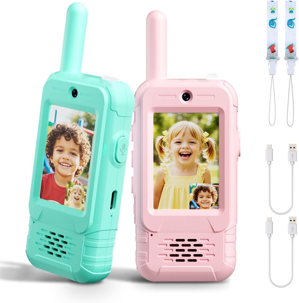 Walkie Talkies for Kids Pack of 2, Rechargeable Long Range Two Way Radios Toys for Boys Girls Age 3-12,Indoor Outdoor Adventure Camping Hiking, Birthday with Pink Blue Design