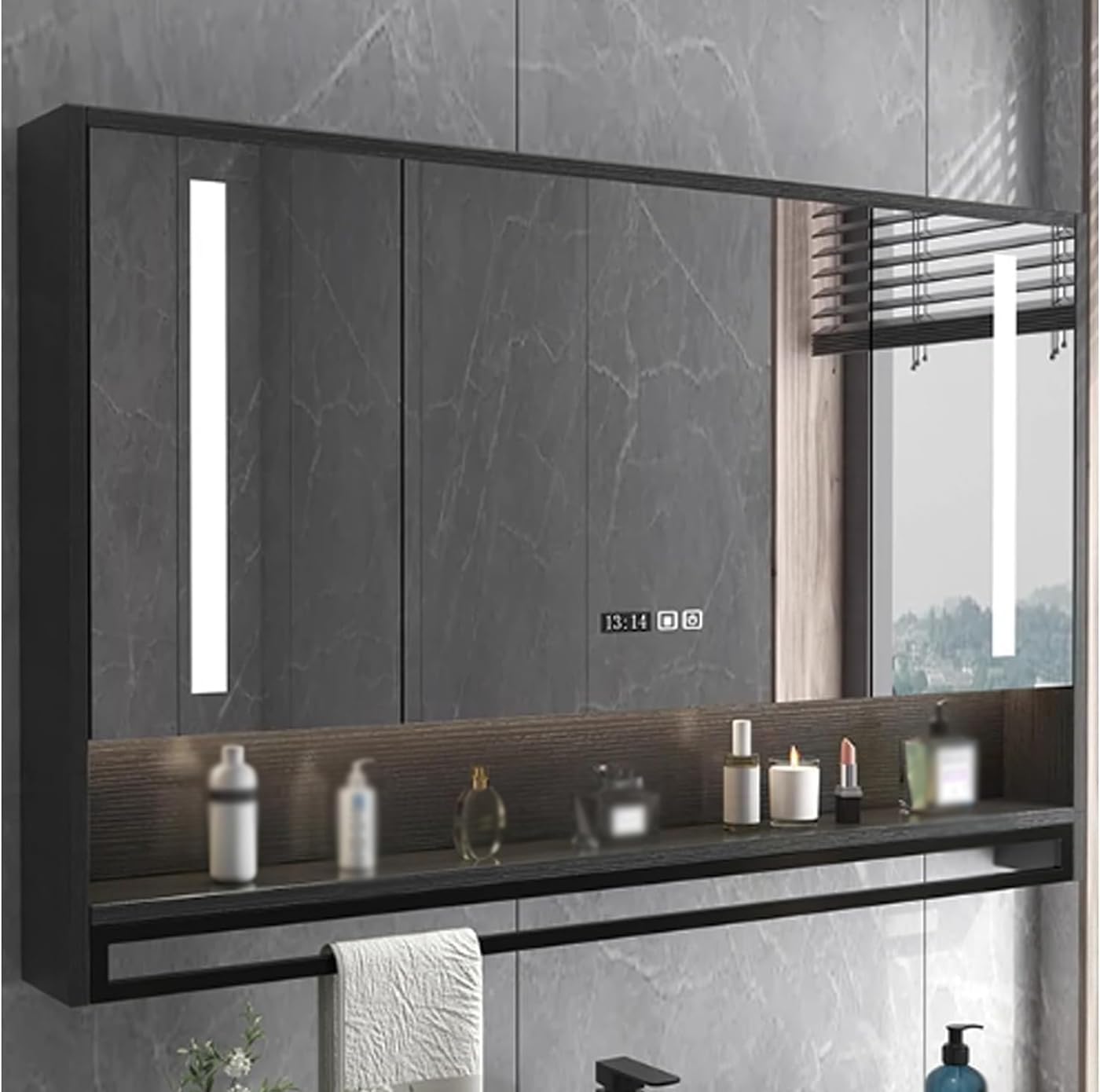 BKSXSOP Medicine cabinet with HD mirror, bathroom mirror anti-fog, modern smart medicine LED light, storage clock and temperature display, towel bar