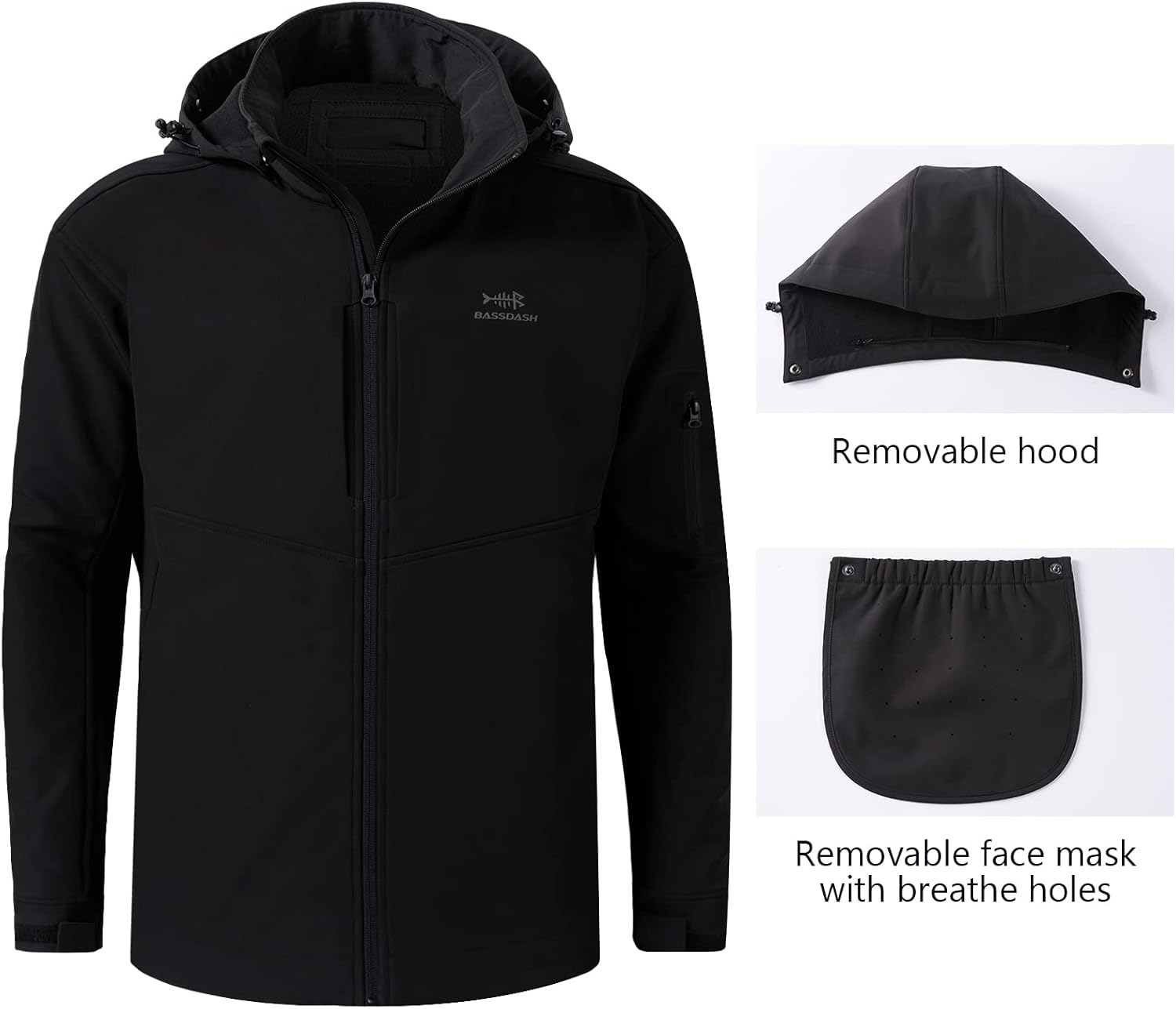 BASSDASH Splice Insulated Hunting Fishing Softshell Jackets with Face Cover Water Resistant for Men Windproof Fleeced Coat