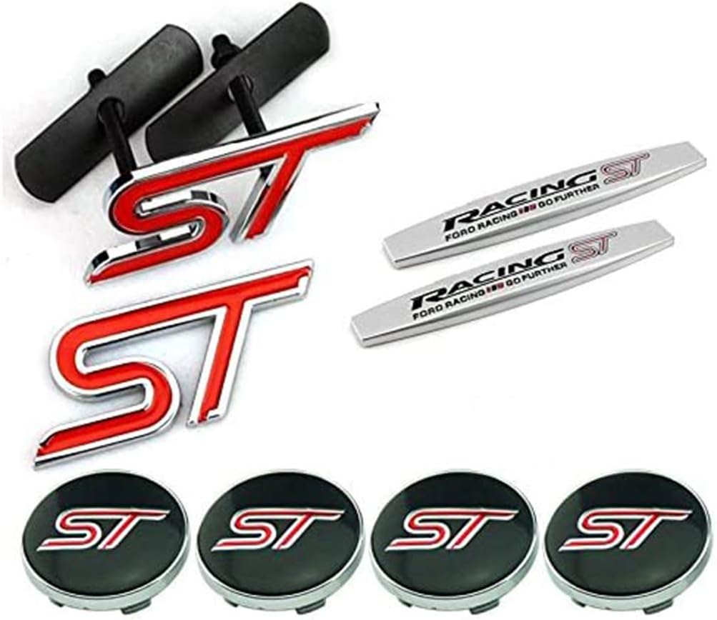 8pcs Sets AM79 ST Racing Front Grille + Fender Side Sticker + Wheel Hub Caps + Back Sticker Car Emblem Badge For Ford Focus 2 Focus 3 FIESTA F-150 Kuga FUSION ESCAPE EDGE