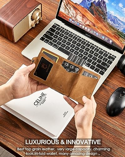 Image of Mens Wallet Card Holder for AirTag, Leather Smart Wallet for Men, Airtag Wallet Pop Up Wallet, RFID Blocking, Slim, Minimalist, Large Capacity - 14-18 Card Capacity | ID Window | Cash Slot (Brown)