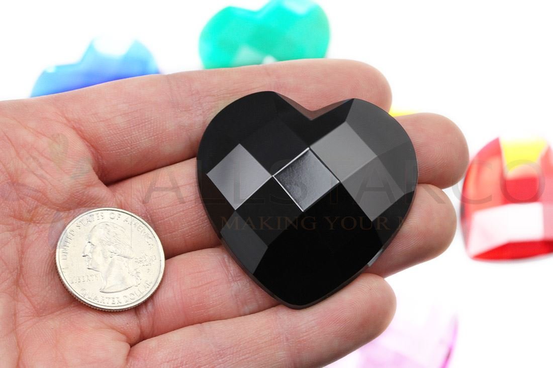 50mm Flat Back Heart Acrylic Rhinestones 2 Inch Costume Making Gems Cosplay Props Embelishments - 2 Pieces (Jet Black H101)