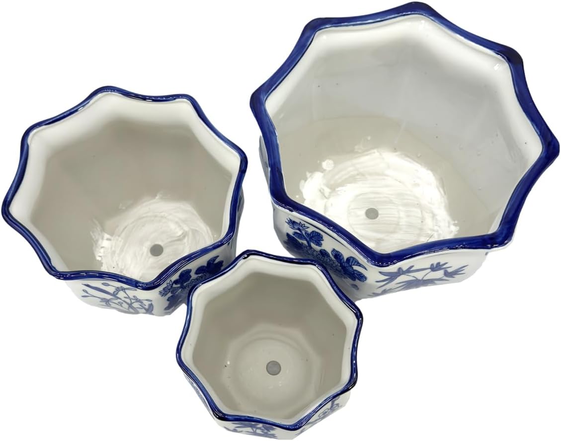 Galt International Blue & White Round Fluted Floral Palm Lotus Porcelain Ceramic Plant Flower Planter Pot Set of 3 (7.5", 10", 13") Garden Pots Chinese Asian Design