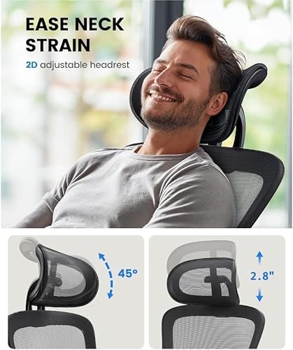 NOBLEWELL Silla de Oficina Ergonómica con Soporte Lumbar, Reposacabezas 2D, Reposabrazos Ajustable, Cojín Mejorado, Inclinación de 130°, Silla para Oficina en Casa
