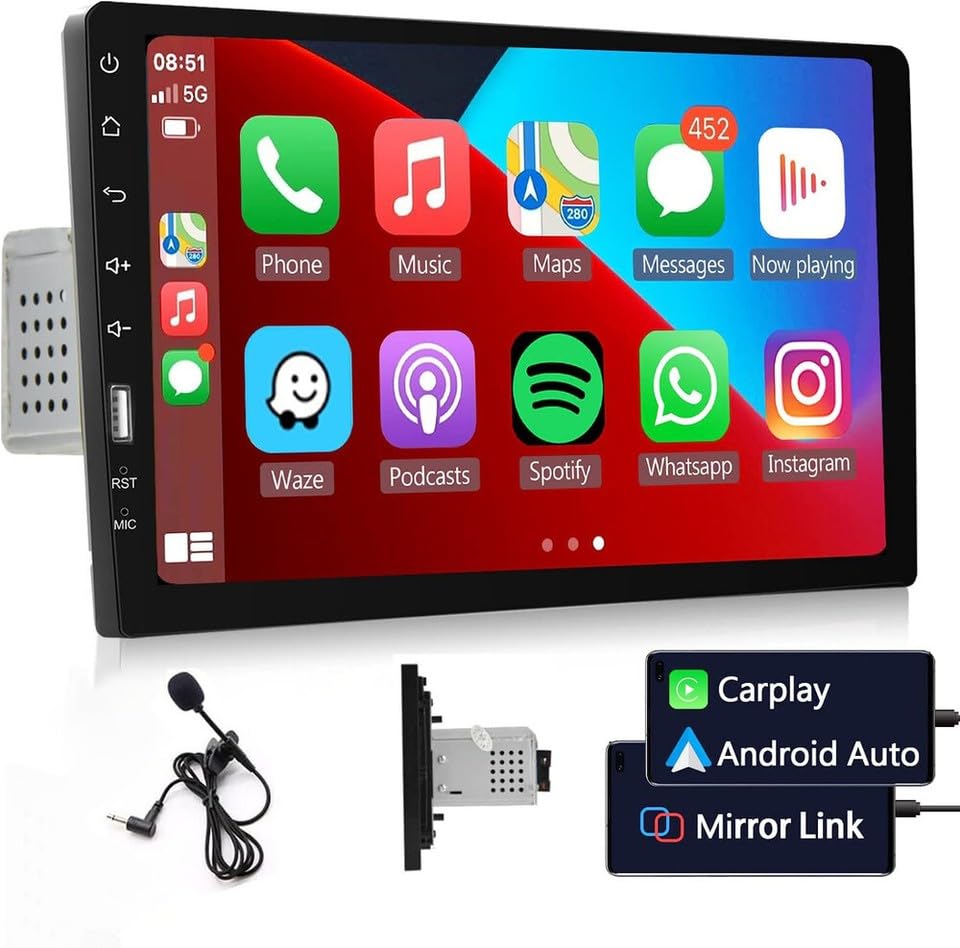 Hikity 1 DIN FM Am Radio de Coche Carplay, 9 Pulgadas Pantalla Táctil Bluetooth Manos Libres Autoradio con Android Auto, Control por Voz, SWC, Mirror Link, Cámara Trasera