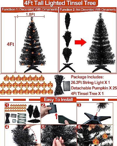 4 Ft Lighted Artificial Halloween Tree With Timer Diy 80Led Orange Purple Lights 25 Pumpkins Jack-O-Lantern Battery Operated Black Christmas Tree Halloween Decorations Indoor Outdoor Home Party Decor #TOP1