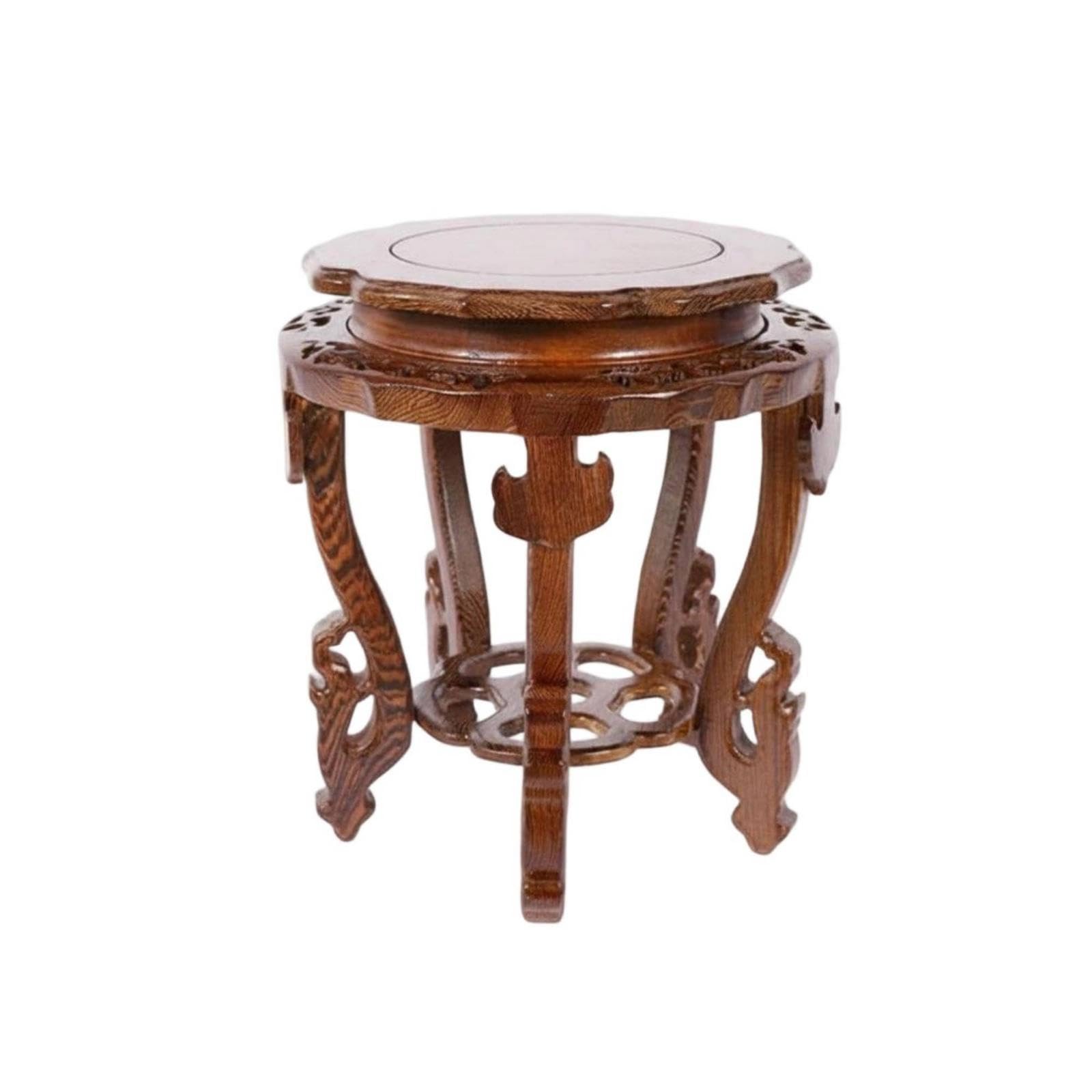 Carved Wooden Tray Stand Antique Look Round Wood Stand for Living Room, Garden 26CM 32CM-image-0
