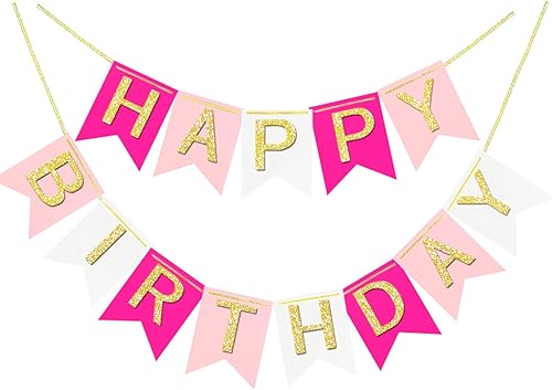 Cartel de feliz cumpleaños rosa con purpurina temática de suministros de fiesta de cumpleaños, guirnalda hecha a mano, decoración de guirnalda para