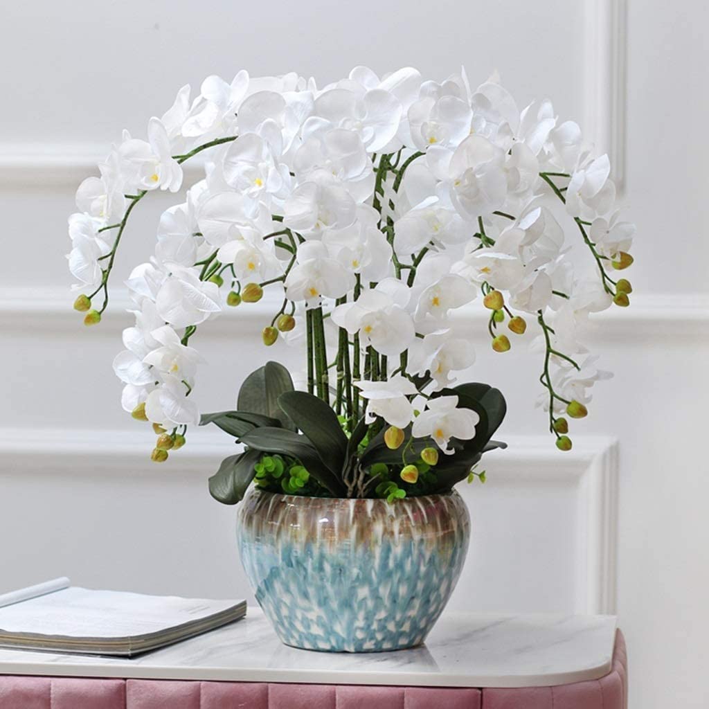 TEMKIN Artificial Flowers Decor Simulation Real Touch Artificial Orchid Flowers Arrangements Latex Orchid Floriculture Pot Phalaenopsis Bonsai (Color:White,Size:Medium)
