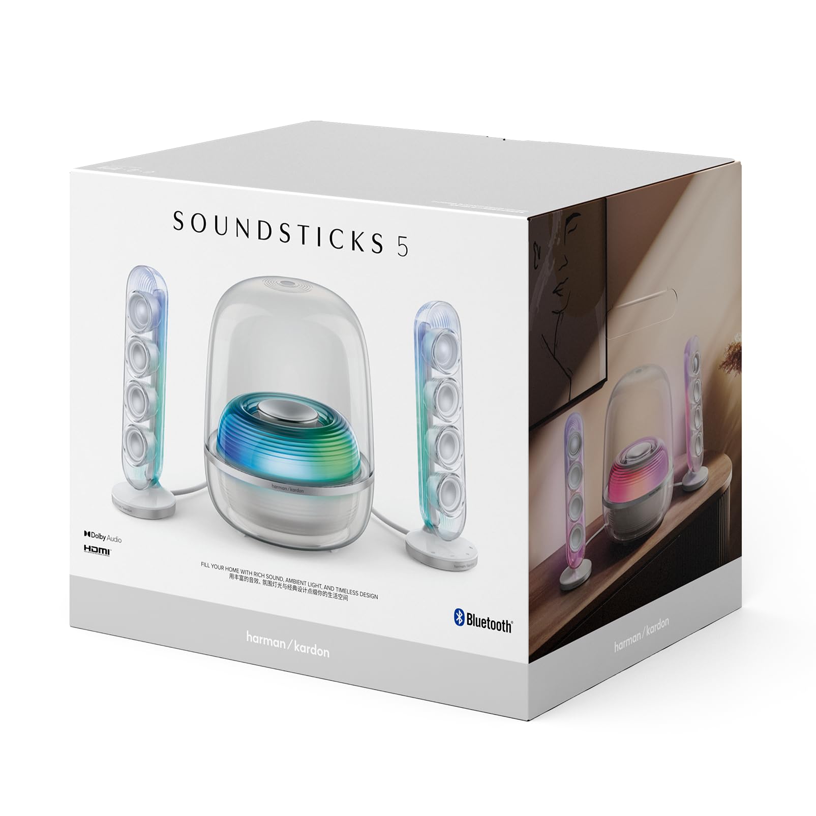 Harman Kardon SoundSticks 5 Altoparlante Bluetooth per la Casa, Design a 3 Vie, Connettività HDMI ARC a Cavo Singolo, Connessione Multi-Speaker con Auracast, Giochi di Luce e Colori, Bianco