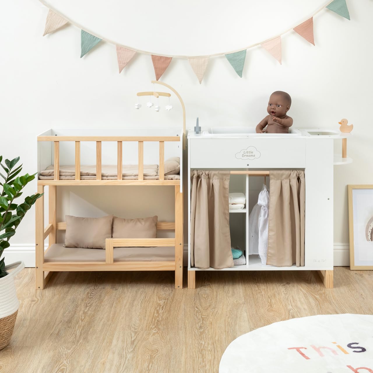 Ella & Piet® Großes Puppenpflegecenter Nursery 6in1 aus Holz (Weiß-Schlamm) Puppenbett Puppenschrank, Badewanne, Hochstuhl
