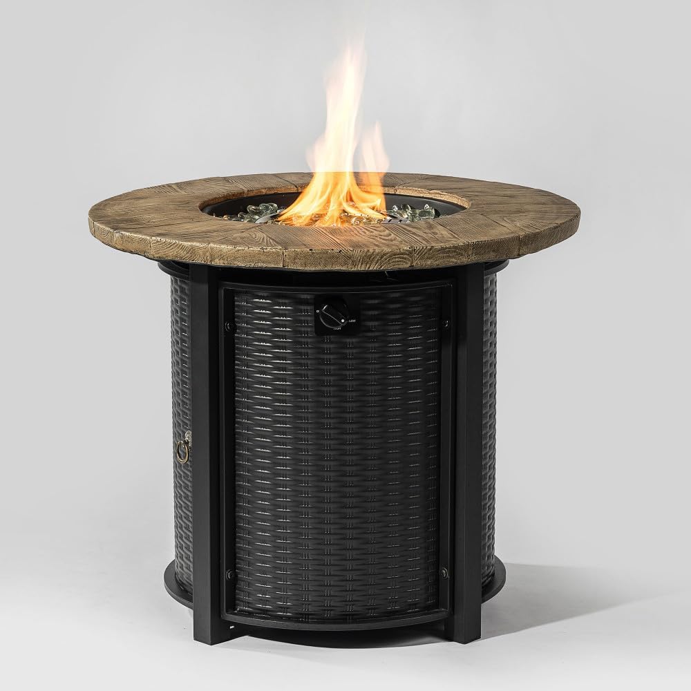 30 Inch Round Propane Fire Pit Table with Lava Rocks, Outdoor Firepit for Patio Deck Garden - Black (Black + Steel-2)