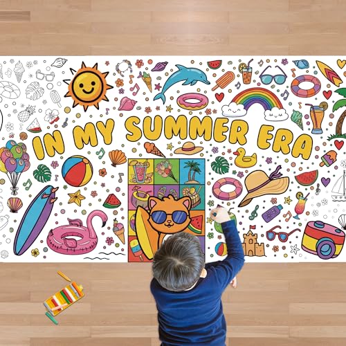 Image of OHOME Summer Giant Coloring Poster /Tablecloth - Summer Toys | 30 x 72 Inches Jumbo Coloring Banner - Kids Crafts Activities Games Decor Party Favors Birthday Decorations for Classroom School