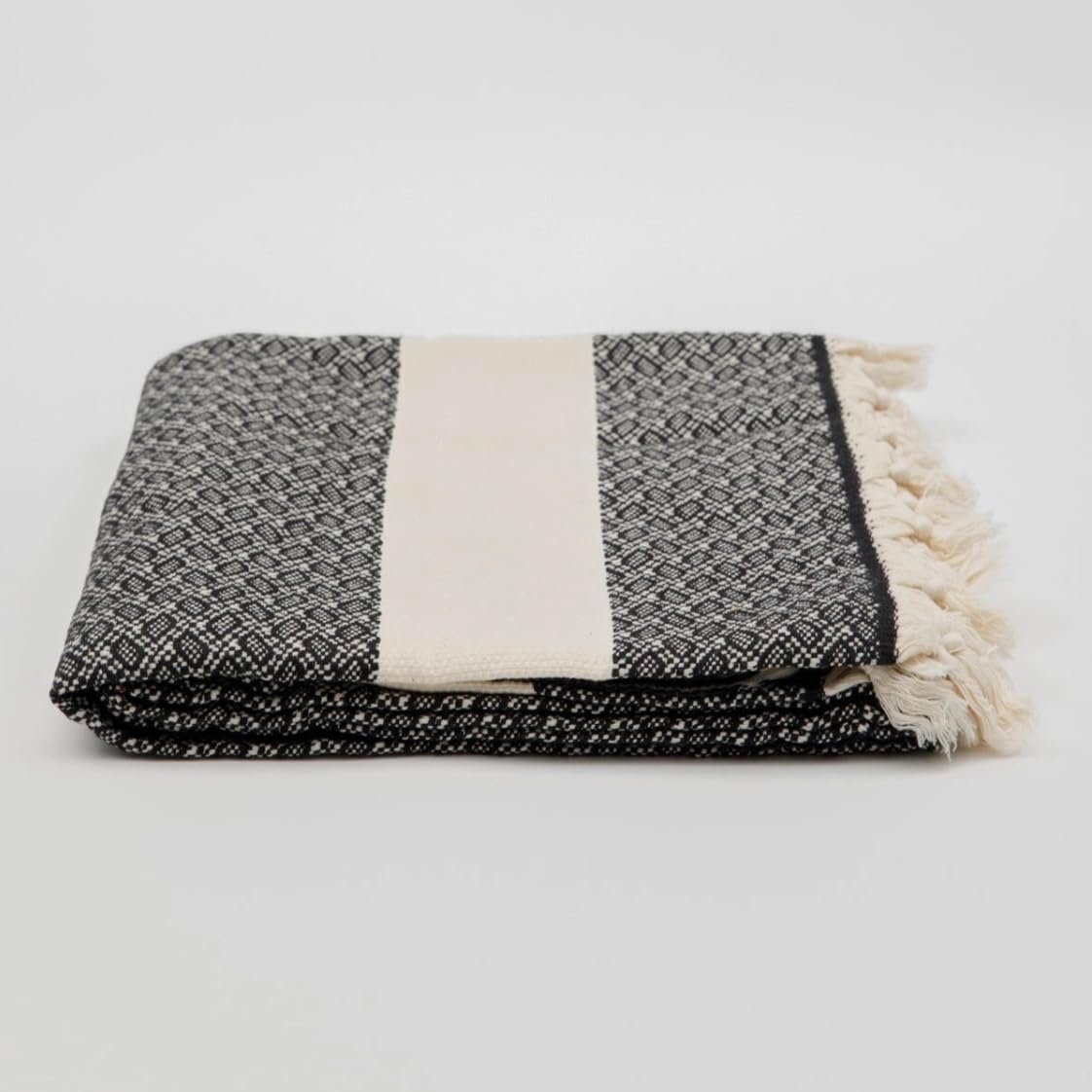 Adrian Reversible Turkish Throw Blanket – 100% Cotton, Lightweight & Soft – Indoor/Outdoor Use, Hand-Spun Tassels – 55” x 78” (Light Grey)