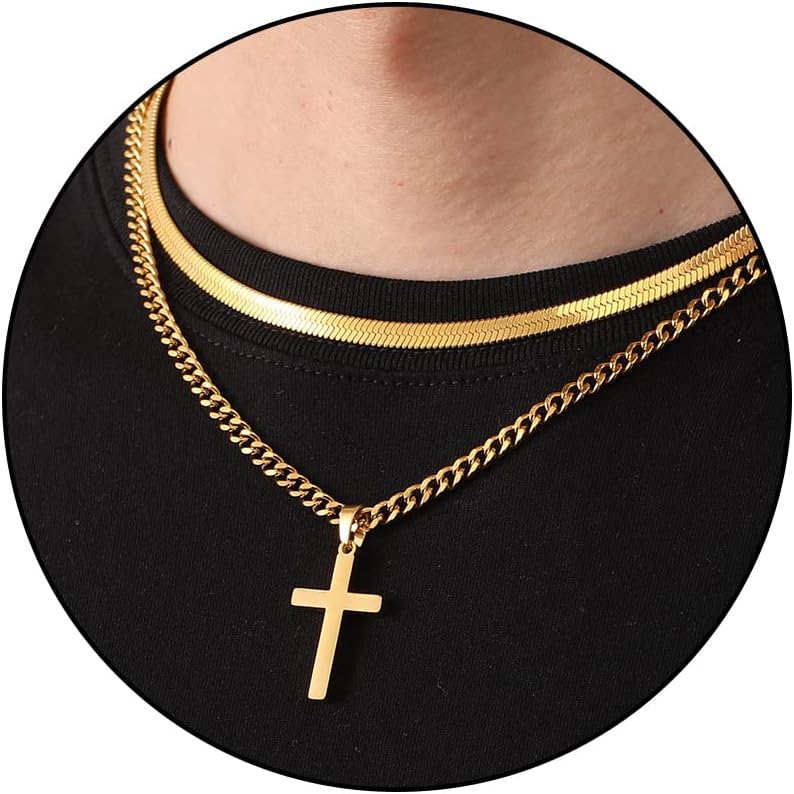 Zocomi Collar de cruz para hombres y niños, cadena de eslabones cubanos en capas de acero inoxidable con colgante de cruz, joyería cristiana de moda, regalos de 40,6 a 24.0 in