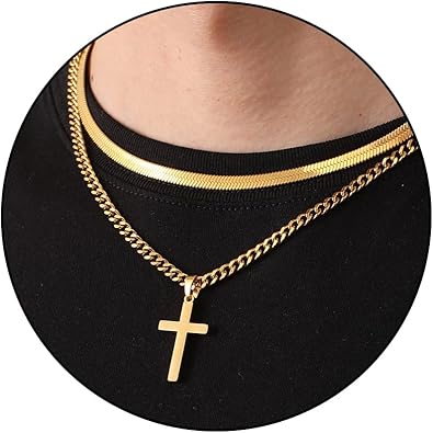 Zocomi Cross Necklace for Men Boys, Stainless Steel Layered Cuban Link Herringbone Chain Cross Pendant Christian Fashion Jewelry Gifts 16-24 Inches