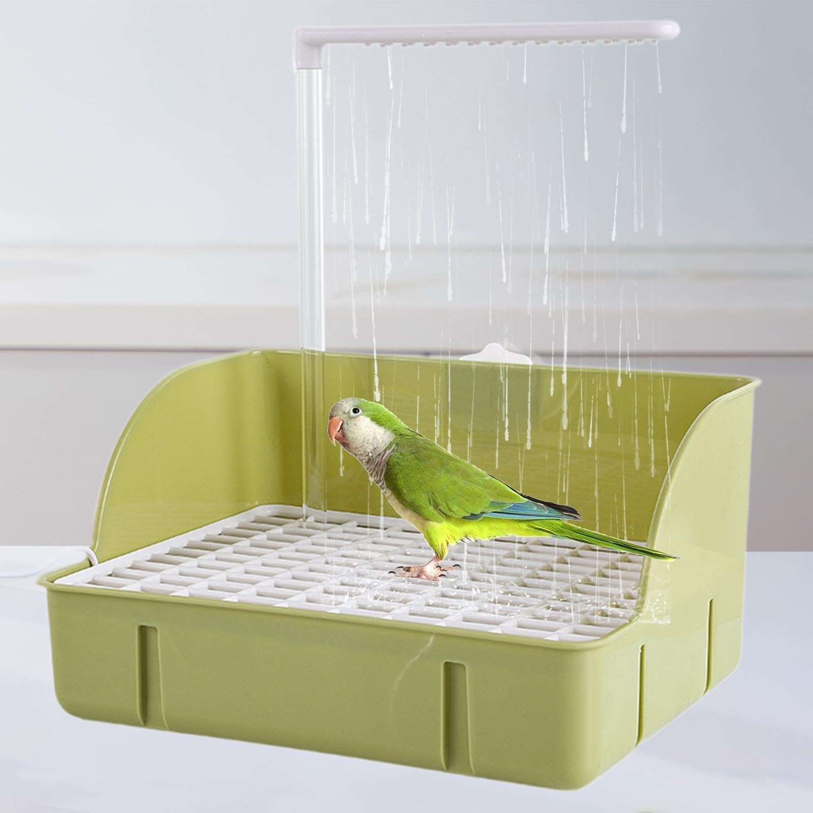 Bañera Automática para Loros con Grifo USB, Fácil Montaje, PP para El Cuidado E Higiene de Loros Medianos, Verde