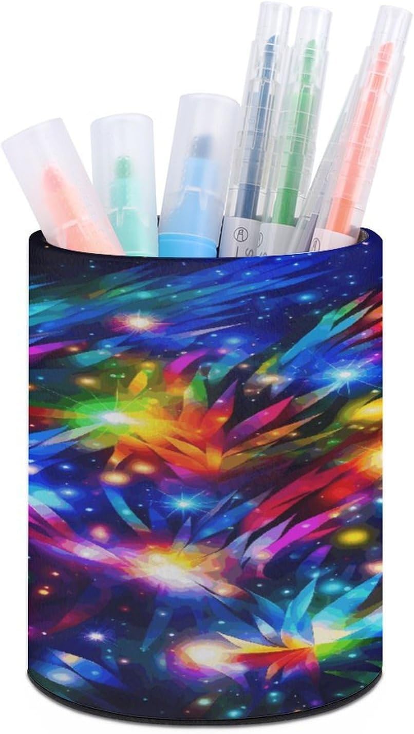 Bright Beautiful Colorful Art Pen Holder Cup Fashion PU Leather Pencil Cup Minimalist Pen Organizer Round Pencil Holder Stand Work Locker Accessories for Decoration Desk Office Home