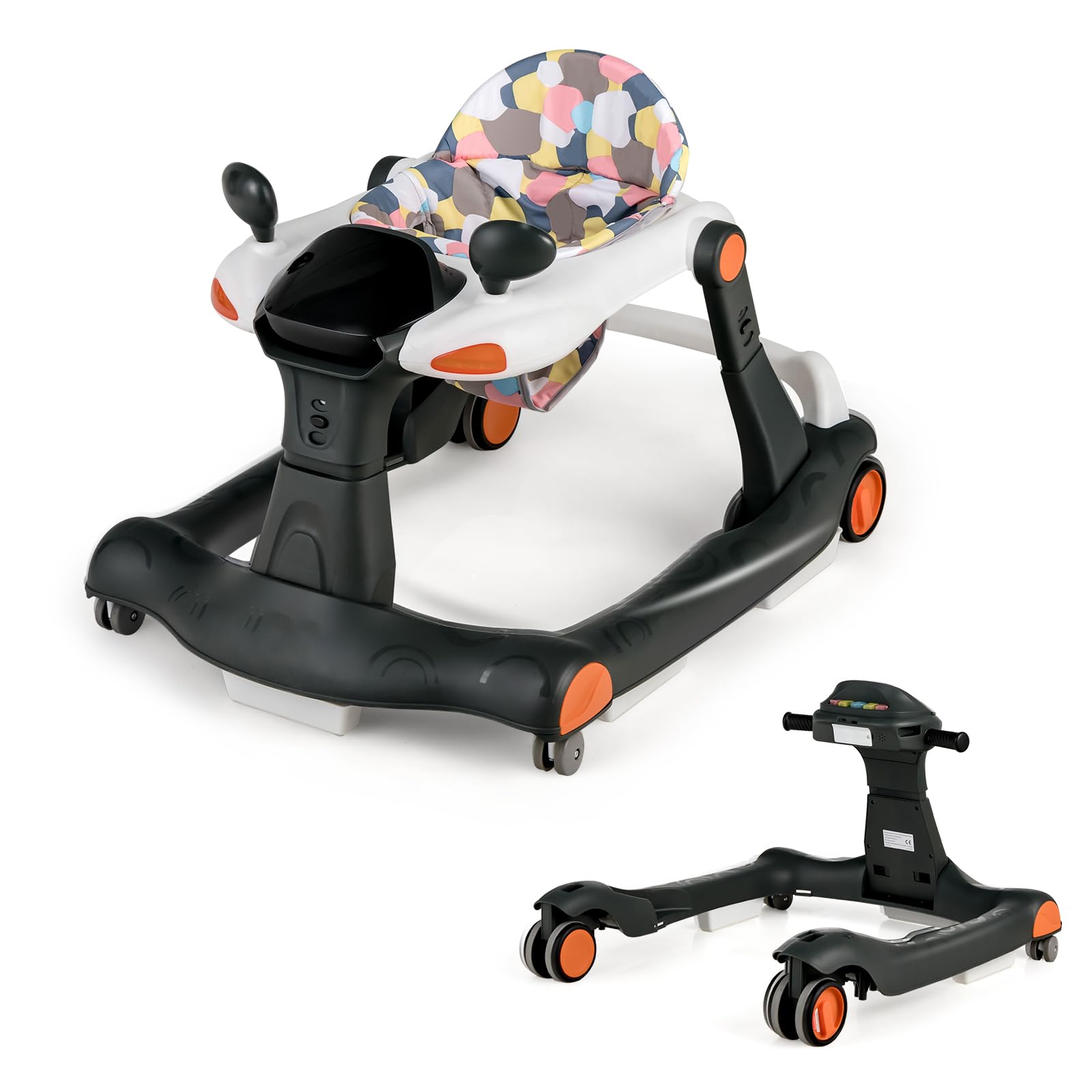 GOPLUS Trotteur Bébé Fille Garçon 6-18 Mois, Trotteur Marche Bébé Evolutif 2 en 1, Pousseur Pliable avec Lumière et Musique, Hauteur Réglable en 3 Positions, Coussin Amovible, Charge15KG (Noir)