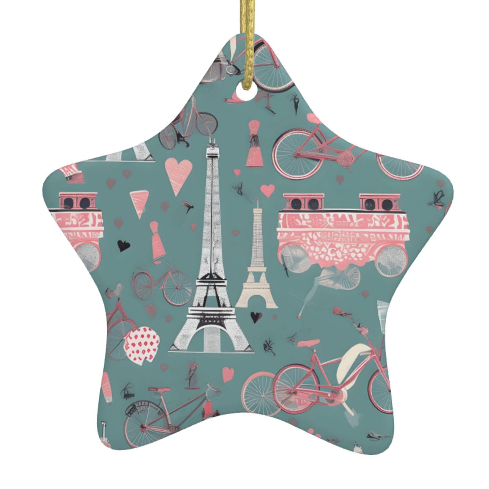 Romantic Paris Eiffel Tower Bycicle Print Christmas Ornaments, Ceramic Hanging Ornament, Round Shape Decorations