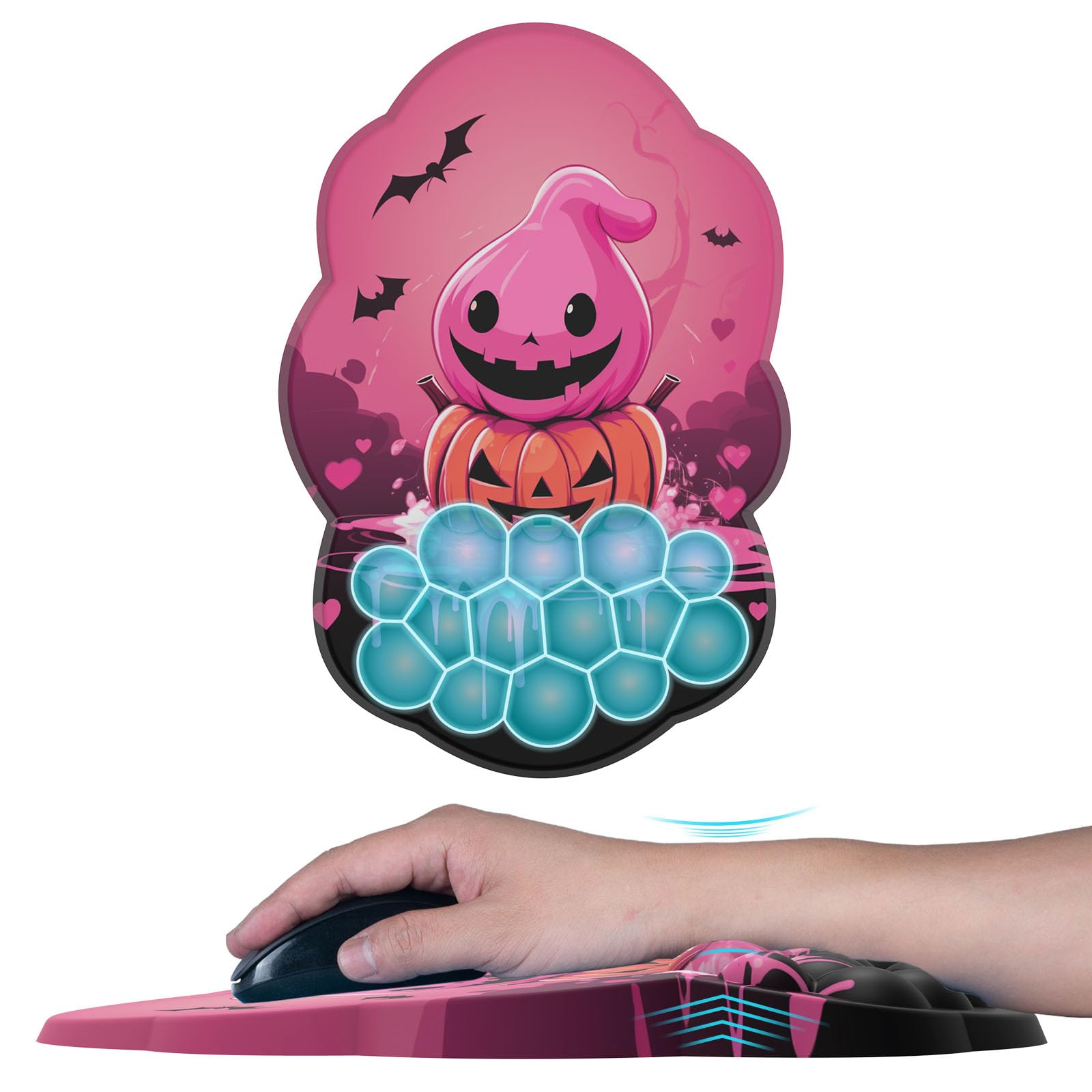 Cloud Ergonomic Mouse Pad Wrist Support, Cloud Wrist Rest Large Ergonomic Mousepad Cute, Ergo Desk Wrist Pad with Massage Design&Memory Foam&Non-Slip PU Base (Pink Halloween 2)