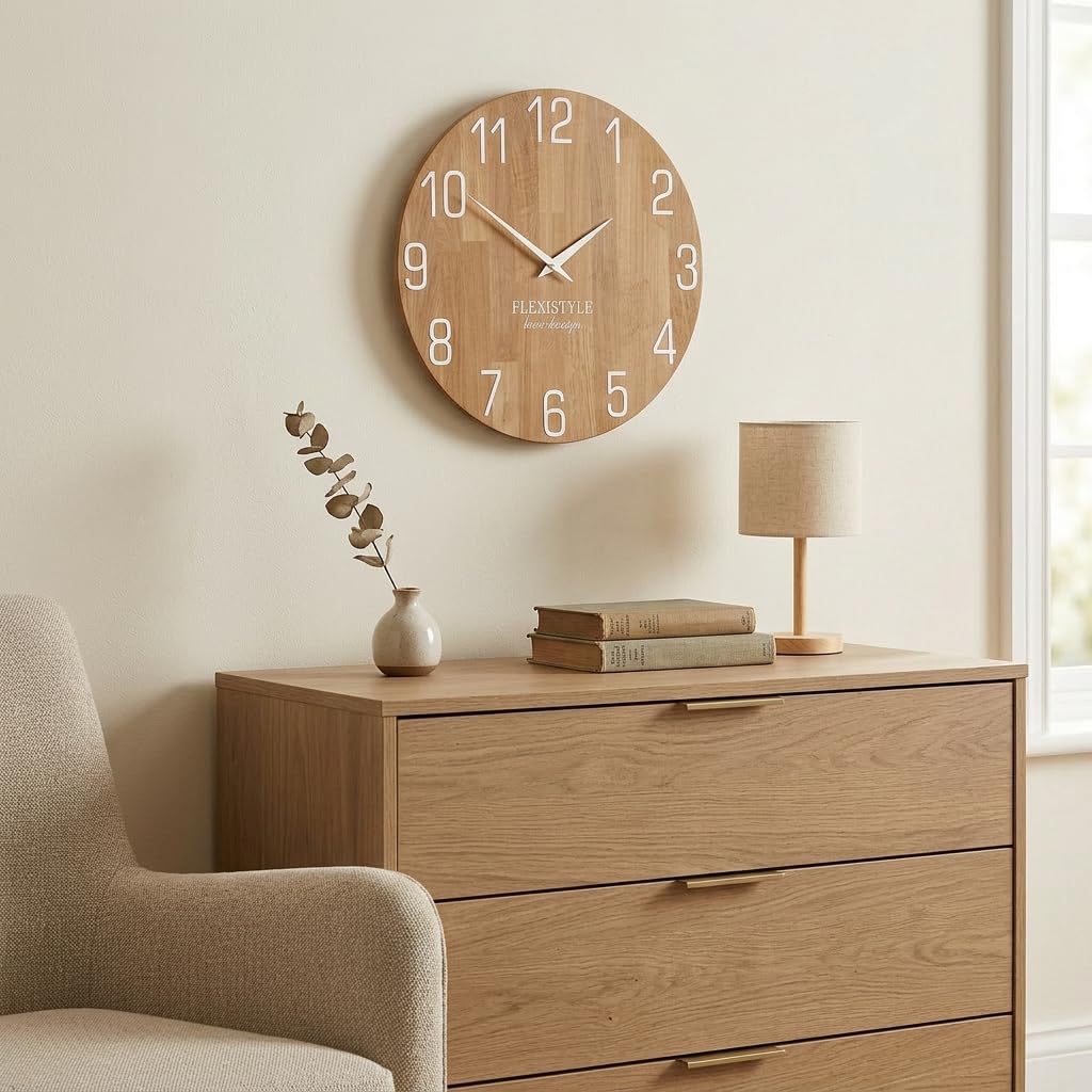 FLEXISTYLE Horloge Murale Naturelle diamètre Aspect Bois 100% chêne, Bois Moderne, Salon, sans Bruit de tic-tac … (50 cm, Blanc)