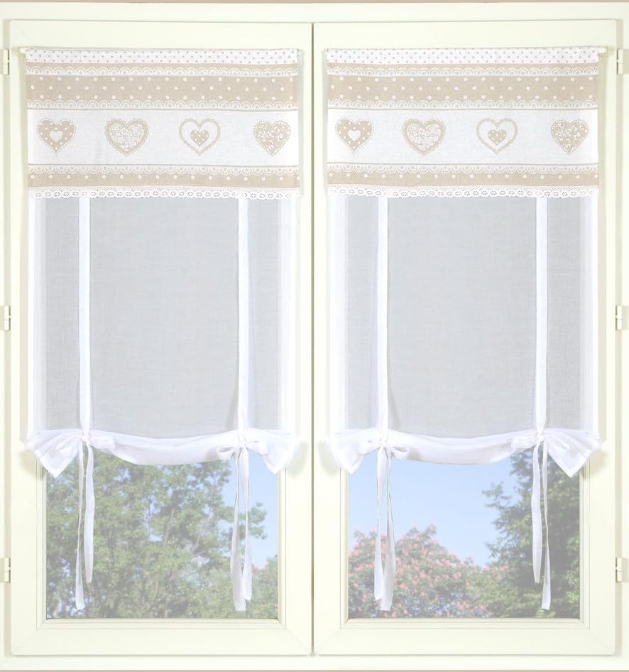 Atout Ciel Paire de Stores en Voilage réglables avec Parement imprimé et Passe-Tringle prêts à Poser, 2X 60x160cm, Beige